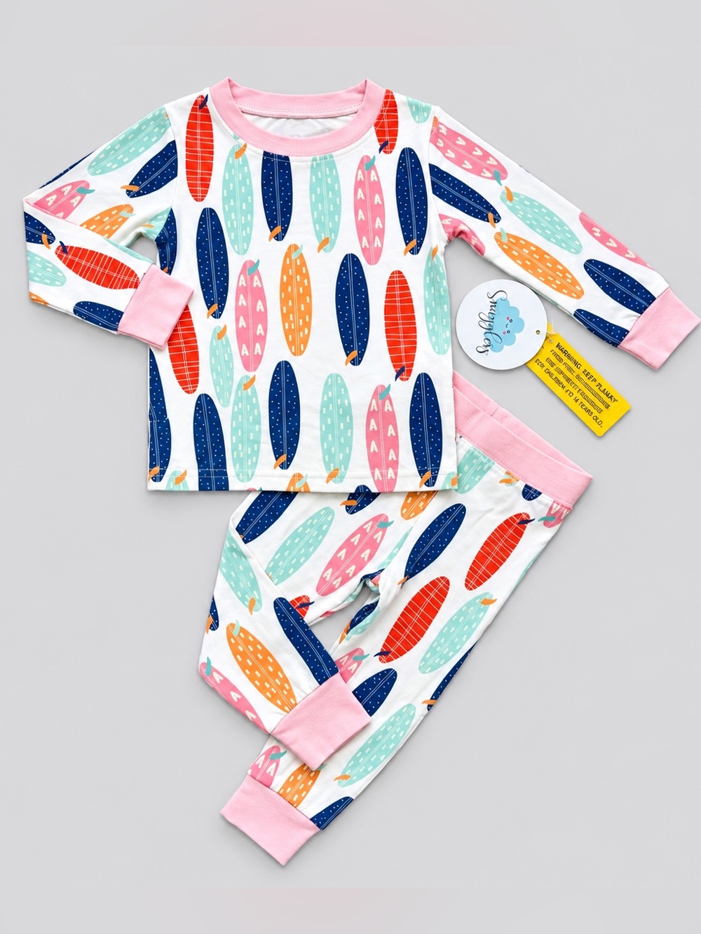 Snugglers Bamboo 2 Piece Pajama Set Surfboard Pring Sz 12-18M Pink Multi Unisex